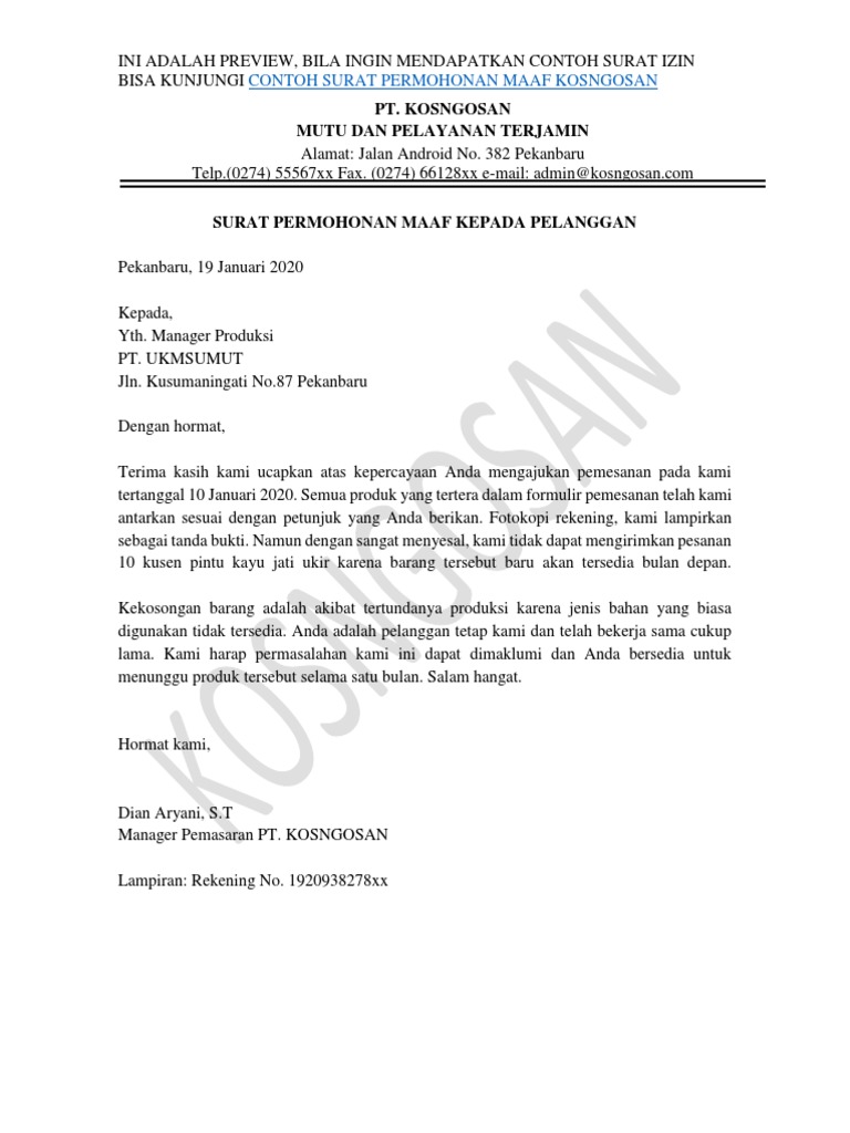 Surat Permohonan Maaf Perusahaan Yang Formal Dan Sesuai Standar