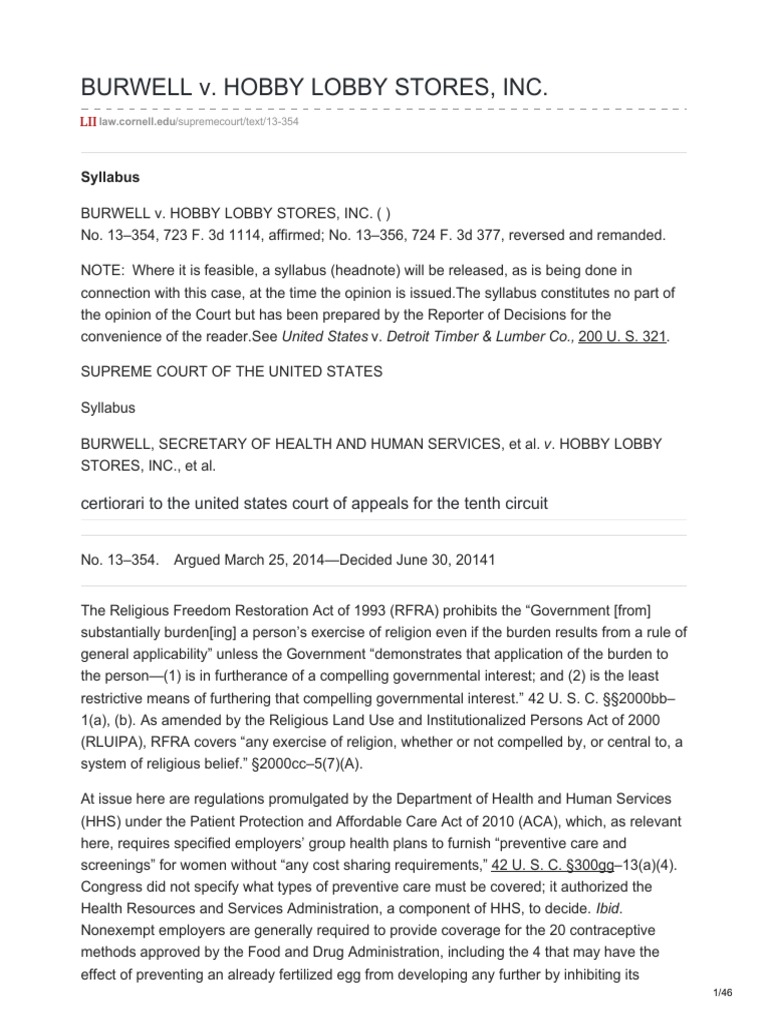 Burwell V. Hobby Lobby Stores, Inc. Syllabus PDF First Amendment