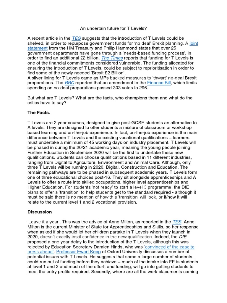An Uncertain Future For T Levels | PDF | Apprenticeship | Vocational ...