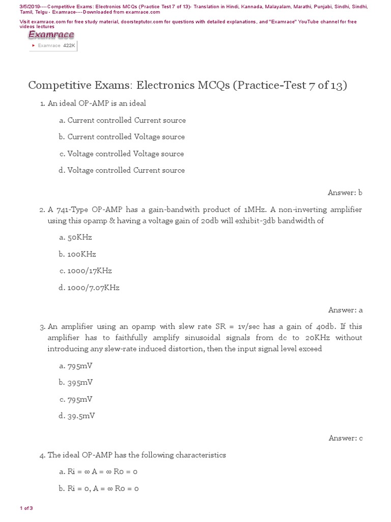Electronics MCQs Practice Test 7 PDF Operational Amplifier Amplifier