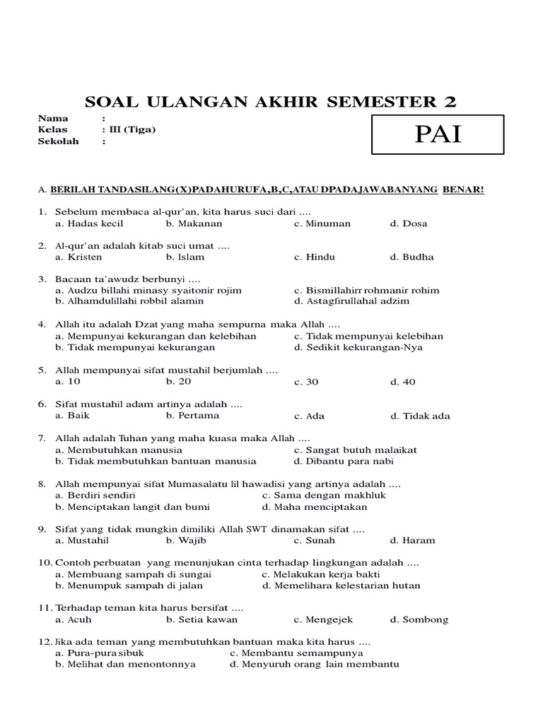 Soal Pai Ktsp Kelas 3 Smt 2 2019