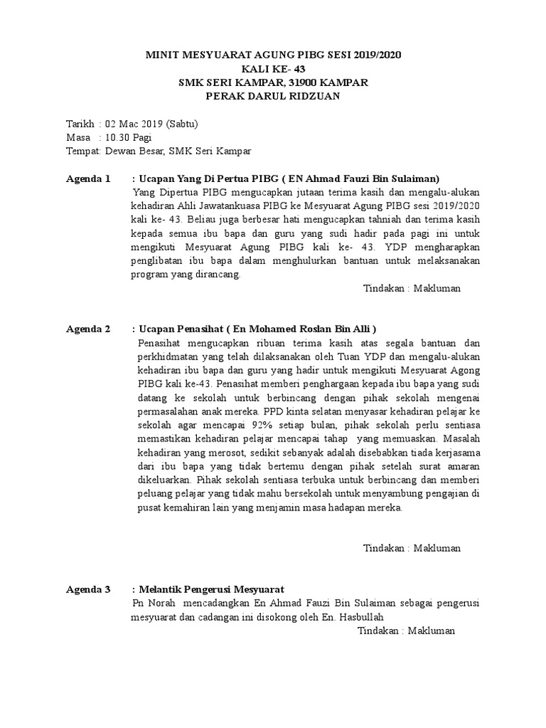 Minit Mesyuarat Agung Pibg Sesi 20192020 Pdf