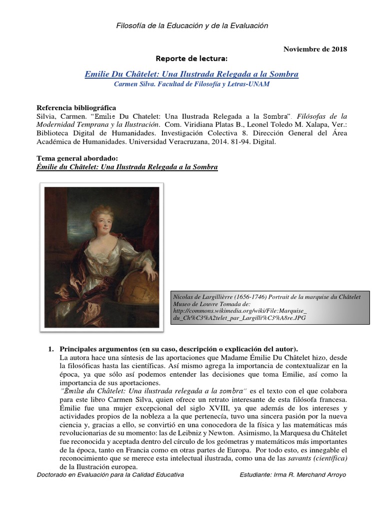 Emilie Du Chatelet Reporte De Lectura Irma Pdf Era De Iluminacion Voltaire