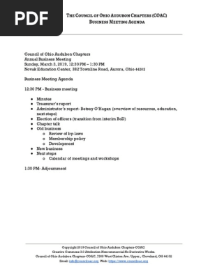Council of Ohio Audubon Chapters (COAC) Business Meeting Agenda Sun Mar 3, 2019