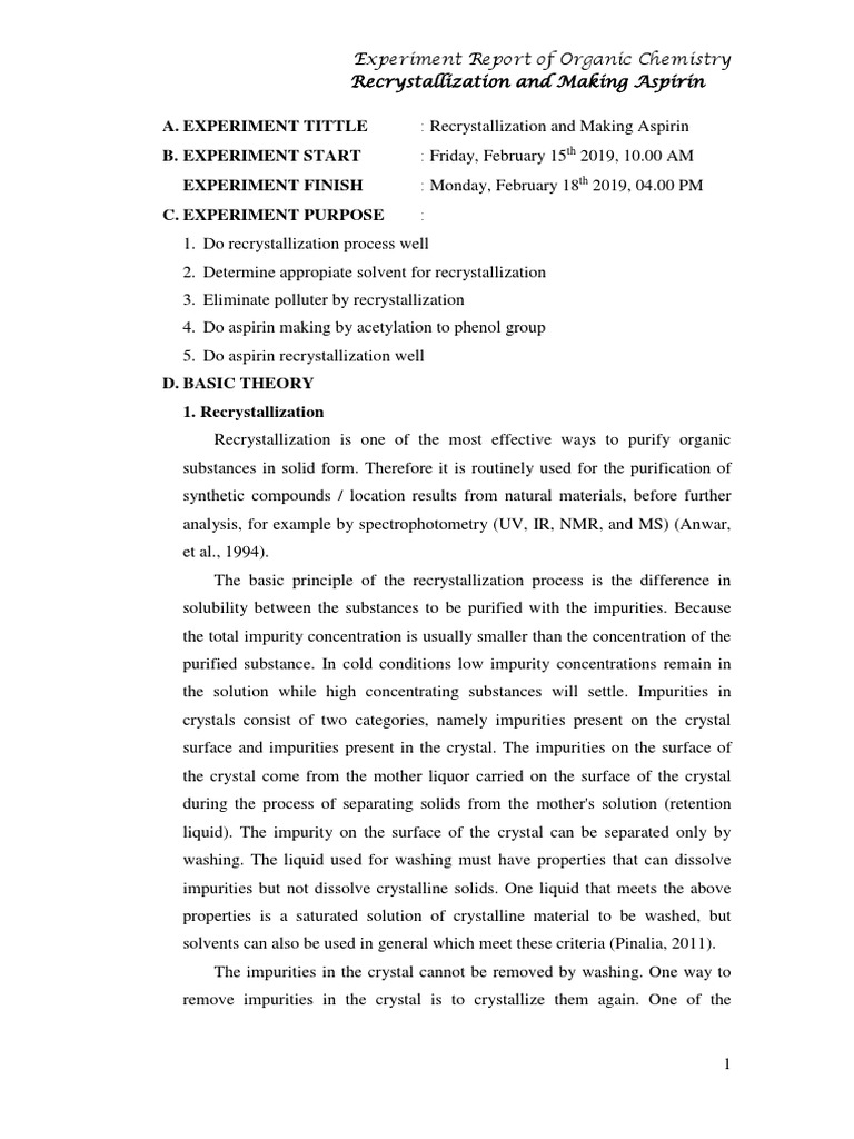 Rekristalisasi Dan Pembuatan Aspirin PDF Ester Solubility
