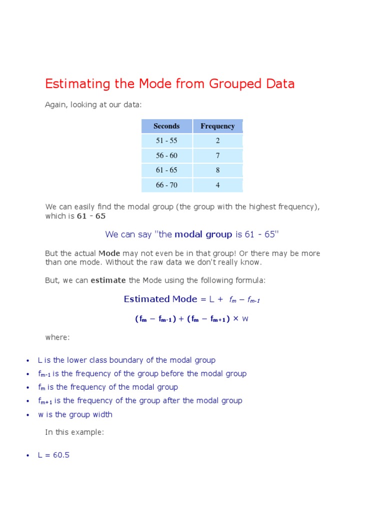 Estimating Mode in Grouped Data | PDF | Mode (Statistics) | Median