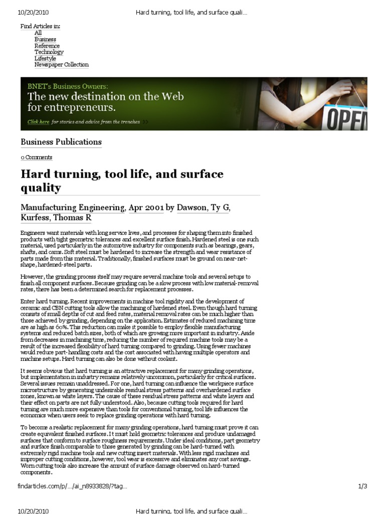 Hard Turning, Tool Life, and Surface Quality Manufacturing Engineering PDF Machining