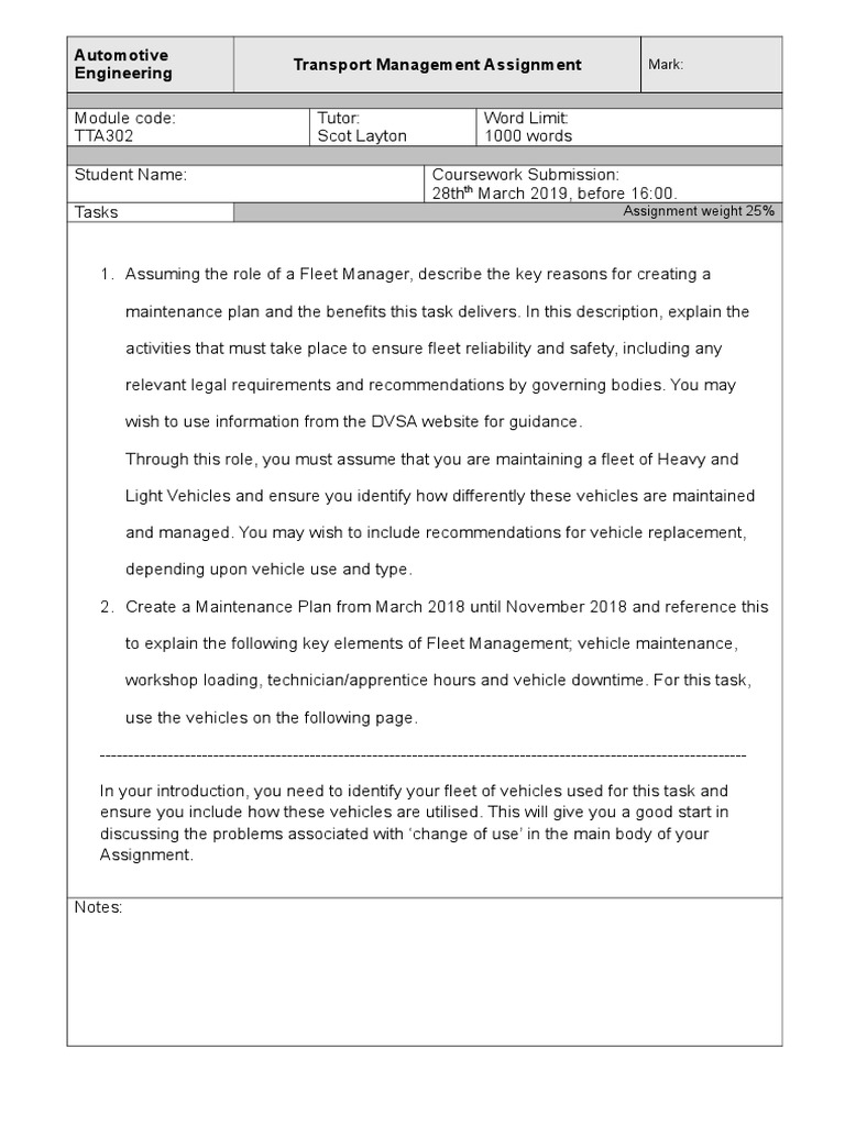 Automotive Engineering Transport Management Assignment Mark PDF Vehicles Transport