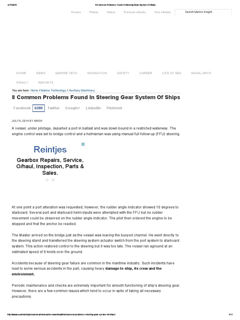 8 Common Problems Found in Steering Gear System of Ships PDF PDF