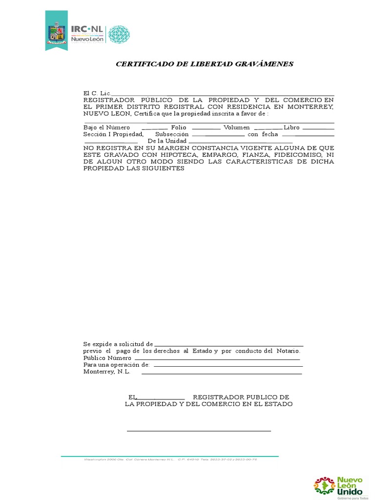 Certificado De Libertad Gravámenes