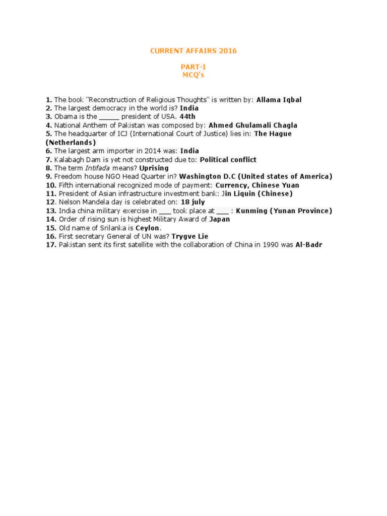 Current Affairs MCQs 2016 Overview | PDF