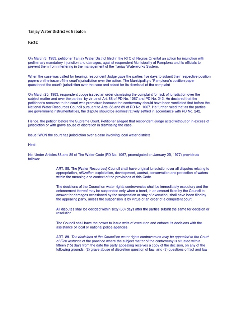 Tanjay Water District Vs Gabaton Facts PDF Jurisdiction Complaint