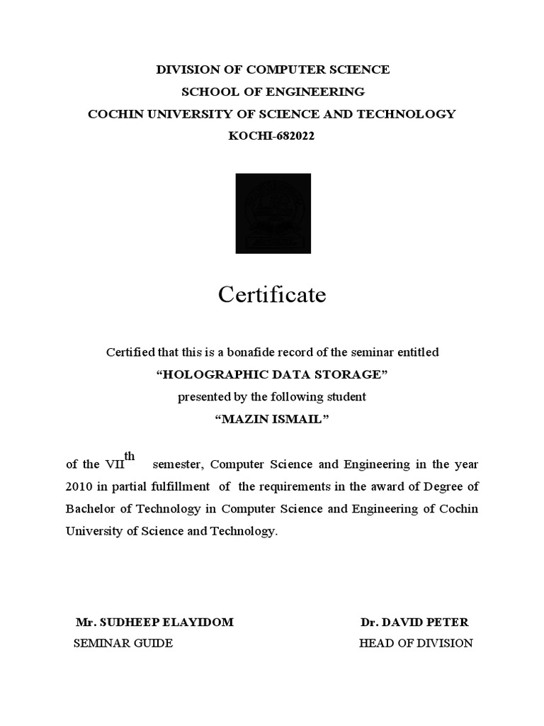 Certificate: Division of Computer Science School of Engineering Cochin ...
