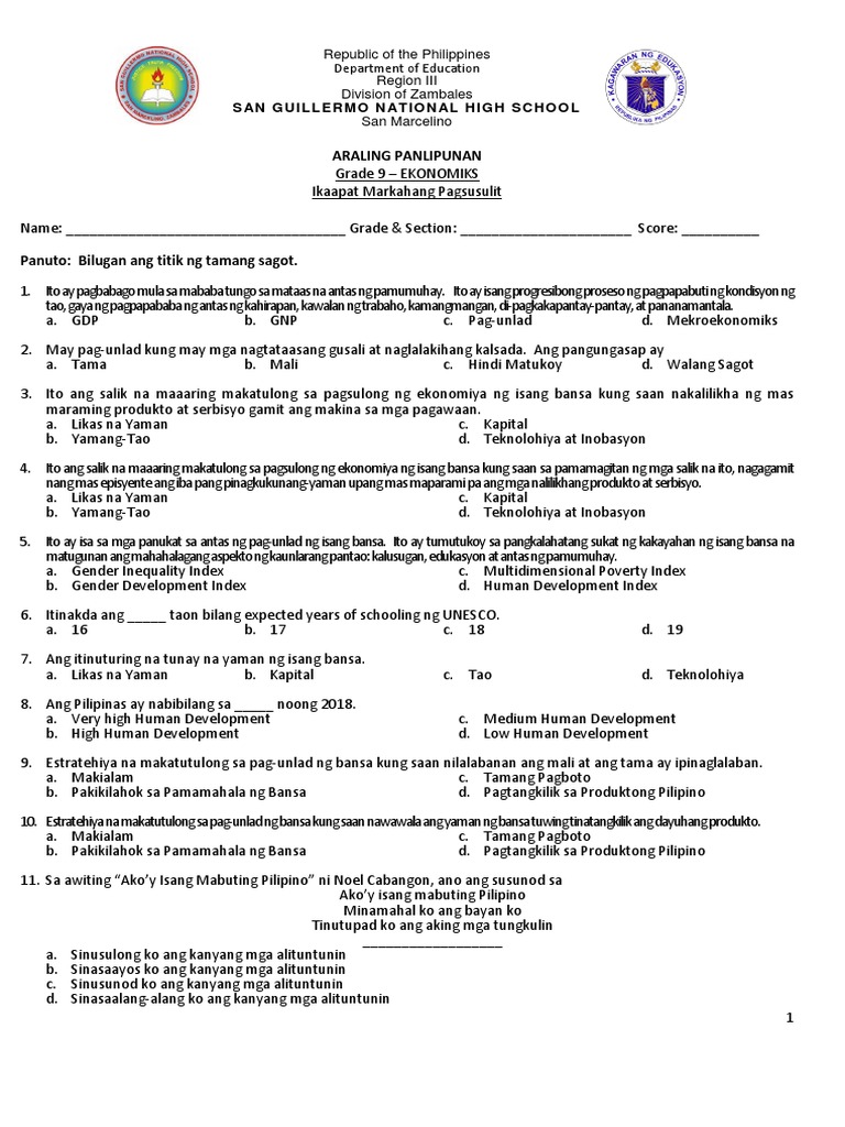 1 AP 9 Exam - Fourth Grading | PDF