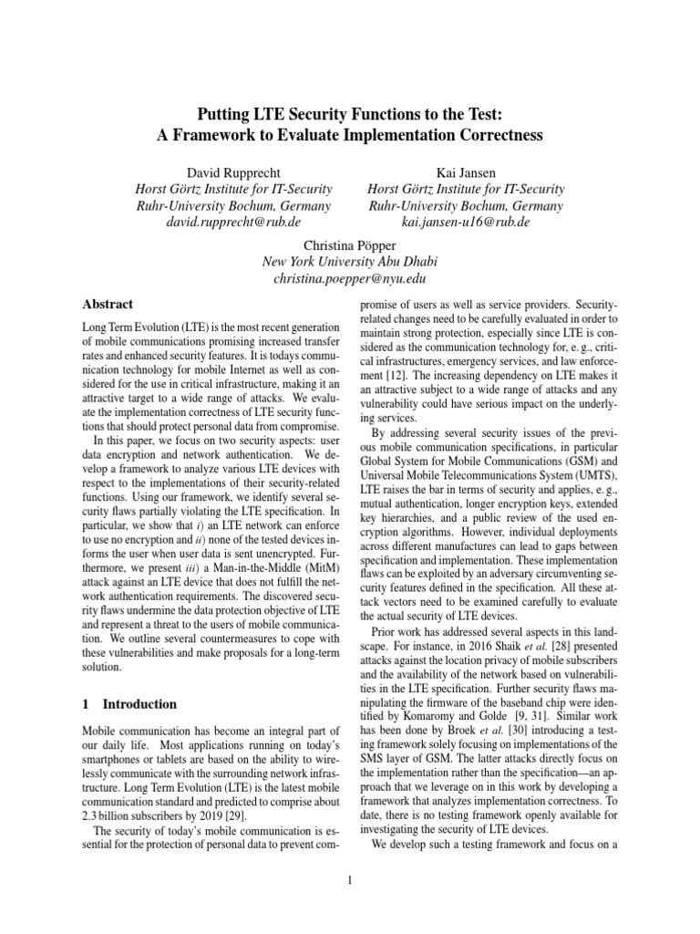 Evaluating LTE Security Implementation | PDF | Computer Network | Networks
