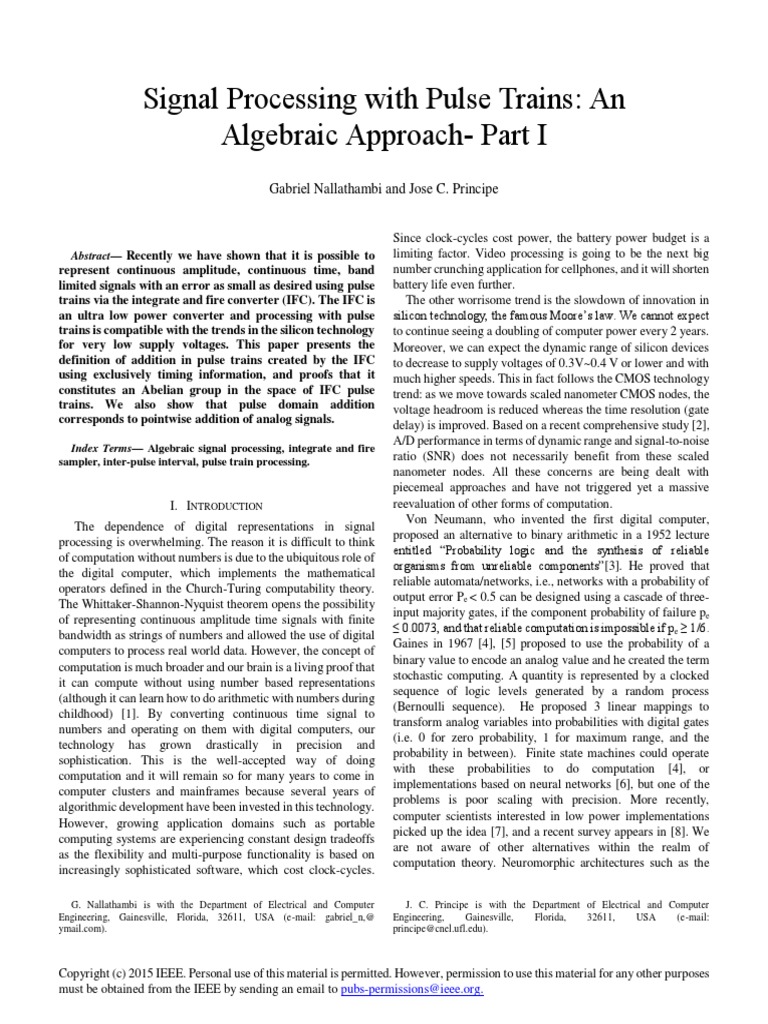 Signal Processing With Pulse Trains An Algebraic ApproachPart I PDF