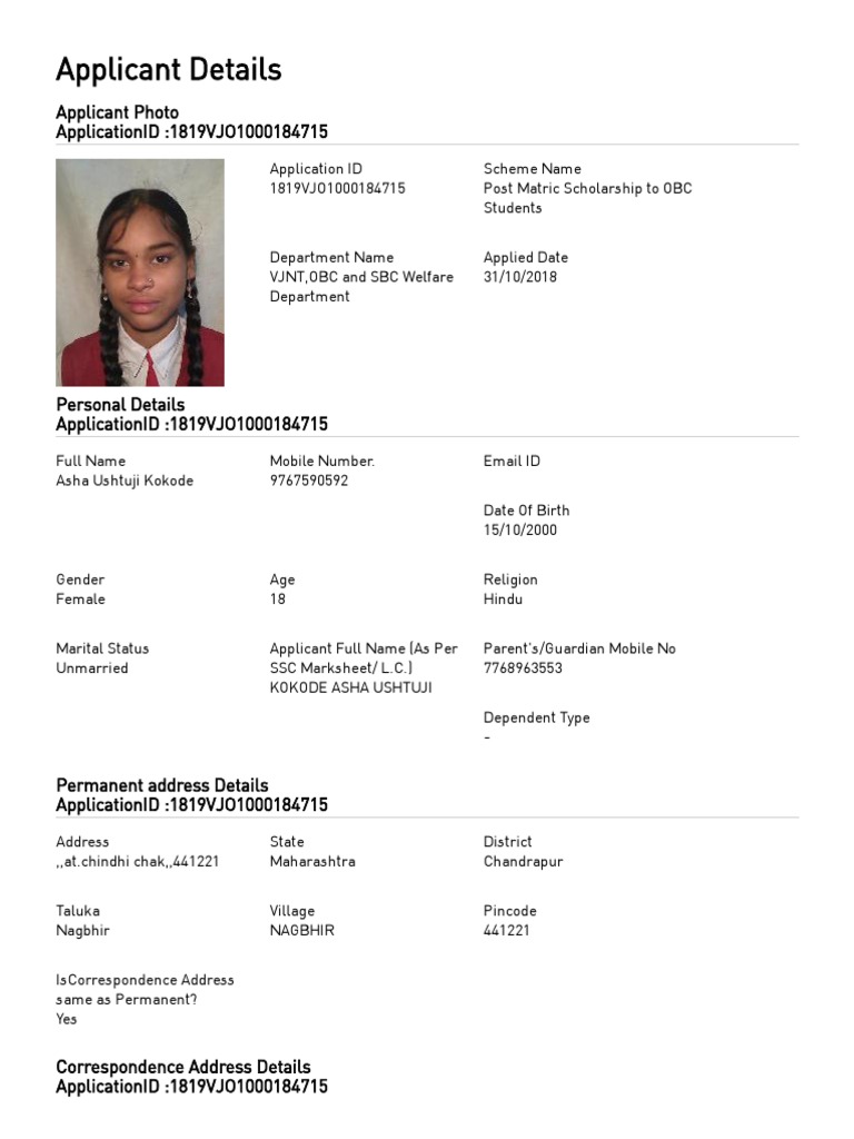 Applicant Details: Applicant Photo Applicationid:1819Vjo1000184715 ...