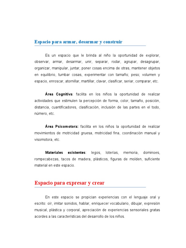 Espacios de Aprendizaje en Preescolar | PDF | Educación de la primera ...