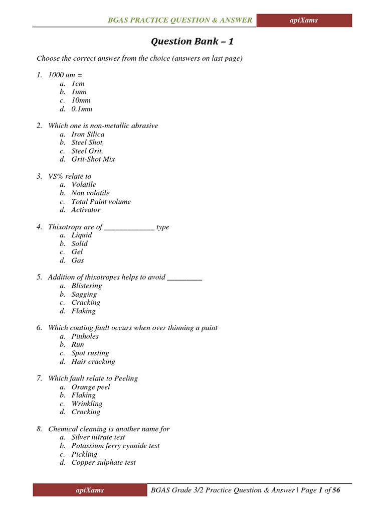 BGAS Grade 2 Exam Practice Questions | PDF | Paint | Galvanization
