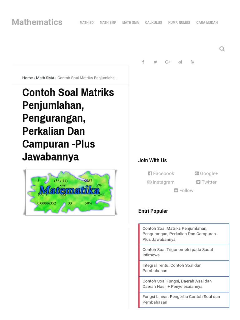 Contoh Soal Matriks Penjumlahan Pengurangan Perkalian Dan Campuran Plus Jawabannya Mathematics