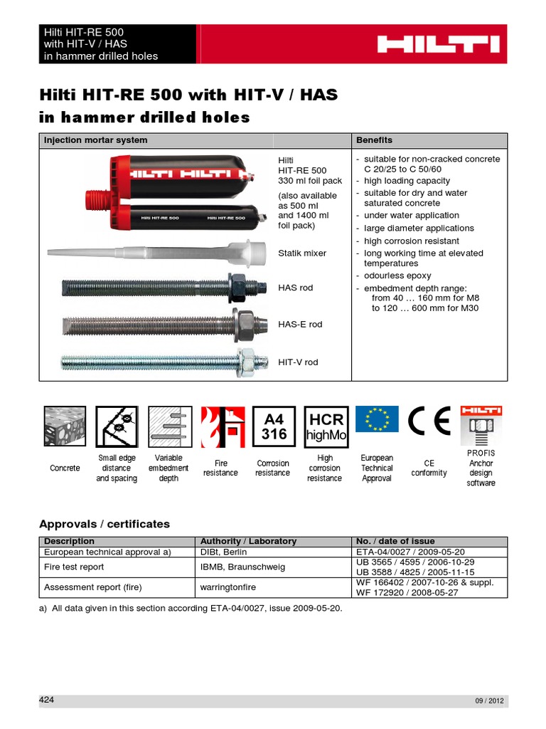 Hilti HIT-RE 500 Injection Mortar Guide | PDF | Celsius | Concrete