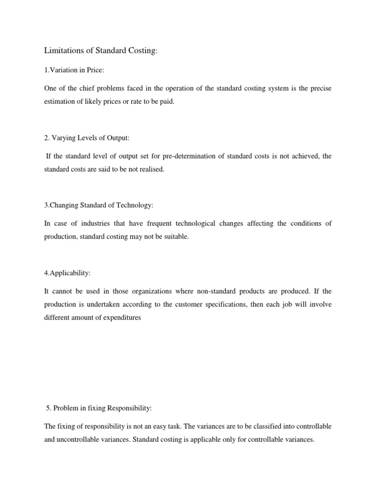 Limitations of Standard Costing PDF Output (Economics) Variance