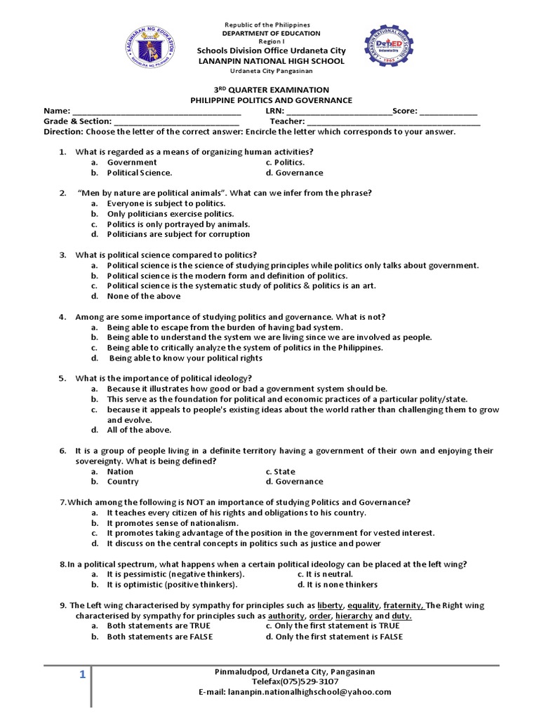 Philippine Politics and Governance Exam | PDF | Political Science ...