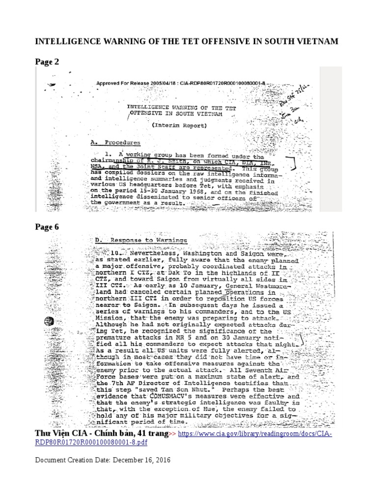 CIA:Intelligence Warning of The Tet Offensive in South Vietnam | PDF