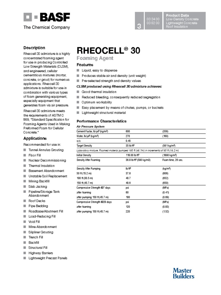 Rheocell 30 Foaming Agent Product Data | PDF | Foam | Concrete