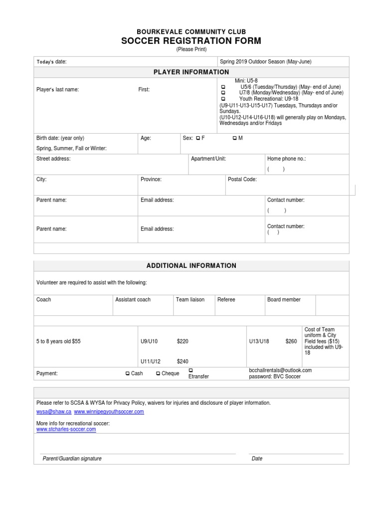 Bourkevale Soccer Registration Form | PDF