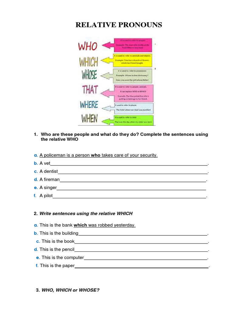 Relative Pronouns - Basic Exercises | PDF | Language Arts & Discipline ...