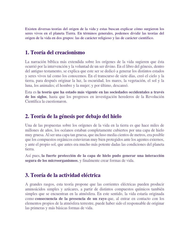 Teorías del Origen de la Vida en la Tierra | PDF | Abiogénesis | Vida