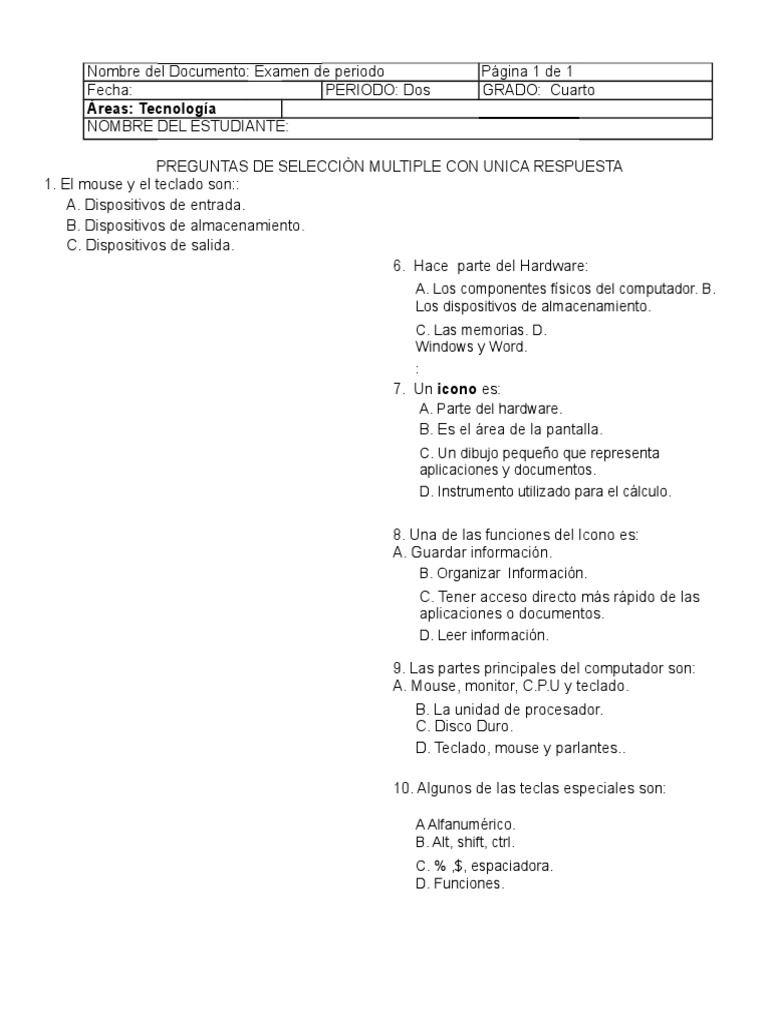 Examen de Tecnología para Cuarto Grado | PDF | Hardware de la ...