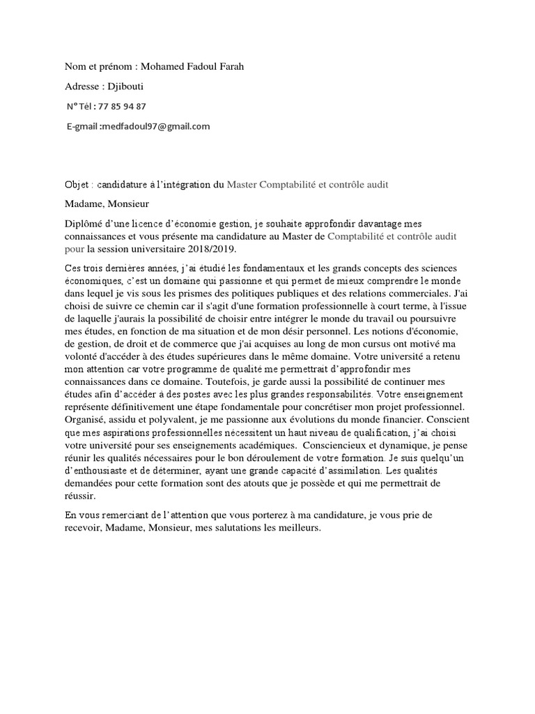 Lettre de Motivation en Master  PDF