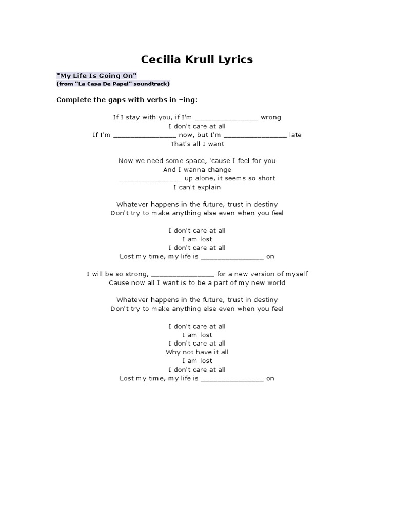 Cecilia Krull Lyrics "My Life Is Going On" PDF