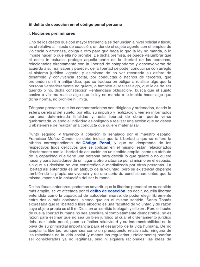 Delito de coacción en el Perú: análisis legal | PDF | Derecho penal ...