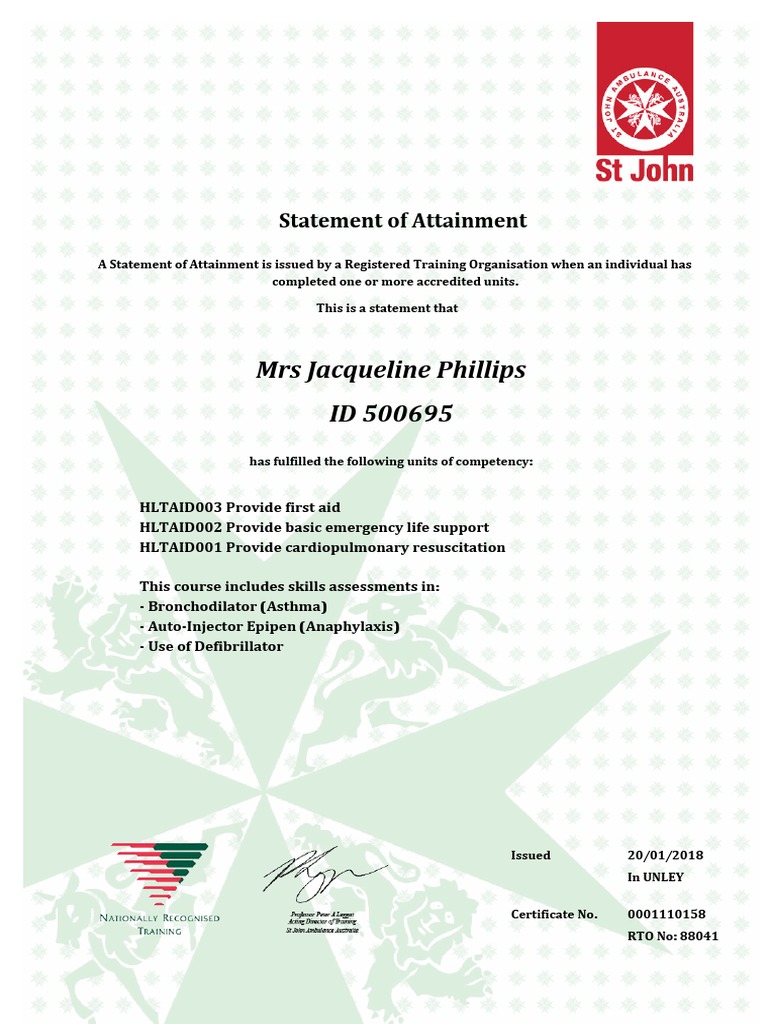Statement of Attainment for First Aid | PDF