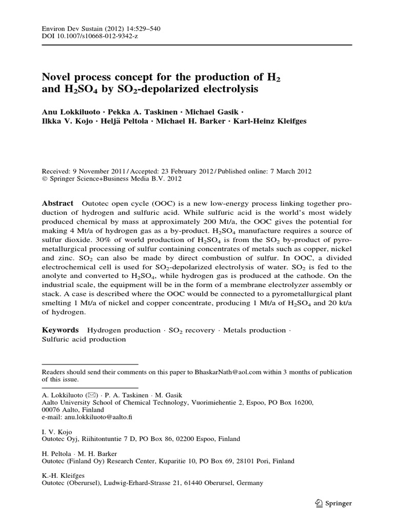 Novel Process Concept For The Production Of H2 And H2so4 By So2 Depolarized Electrolysis Sulfuric Acid Sulfur Dioxide
