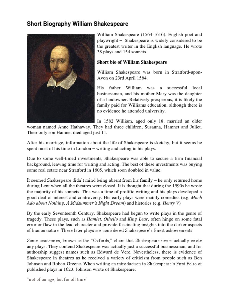 Short Biography William Shakespeare Characters In Romeo And Juliet William Shakespeare