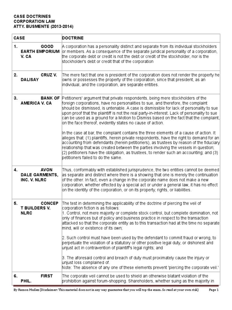 CASE DOCTRINES (1).doc Lawsuit Board Of Directors