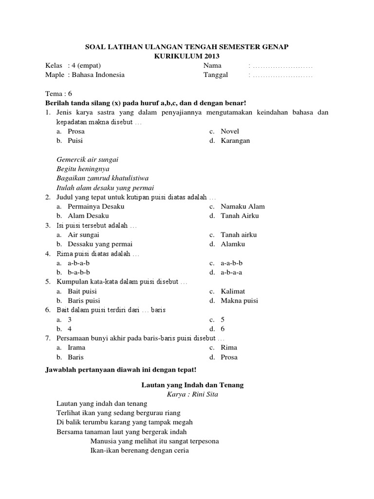 Soal Uts Bahasa Indonesia Kelas 4 Tema 67 PDF