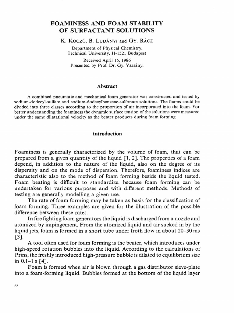 Foaminess and Stability of Surfactant Solutions | PDF | Foam | Surfactant