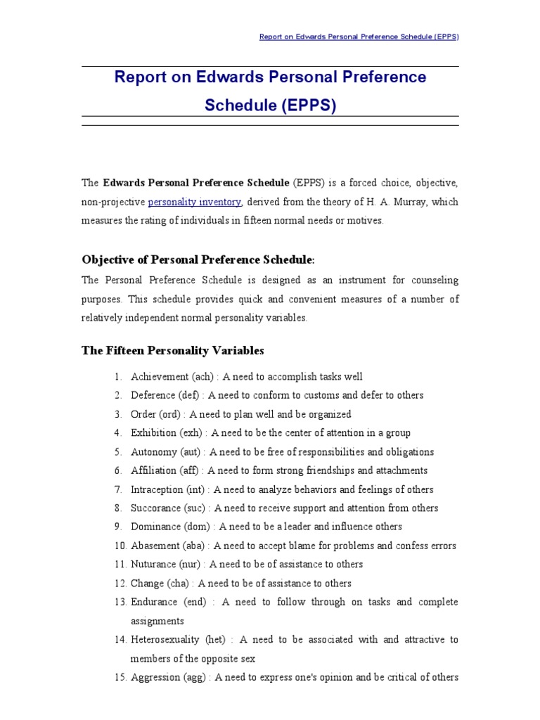 Edwards Personal Preference Schedule Analysis | PDF