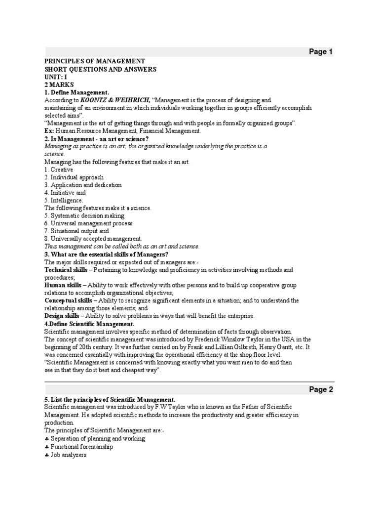 Principles of Management (Question and Answers) PDF Leadership Motivation