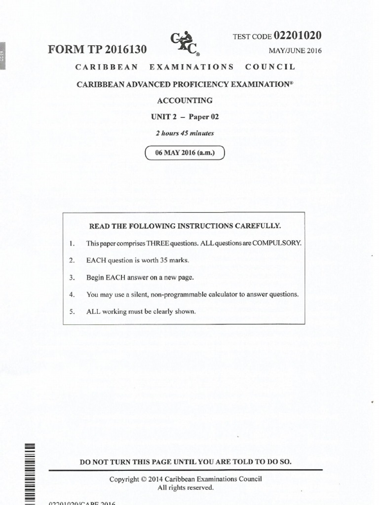 CAPE Accounting Unit 2 Paper 2 (2016) PDF | PDF