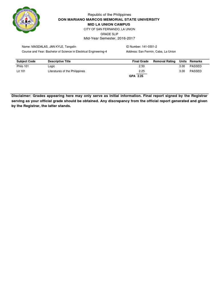 2016-2017 Mid-Year Grade Slip | PDF