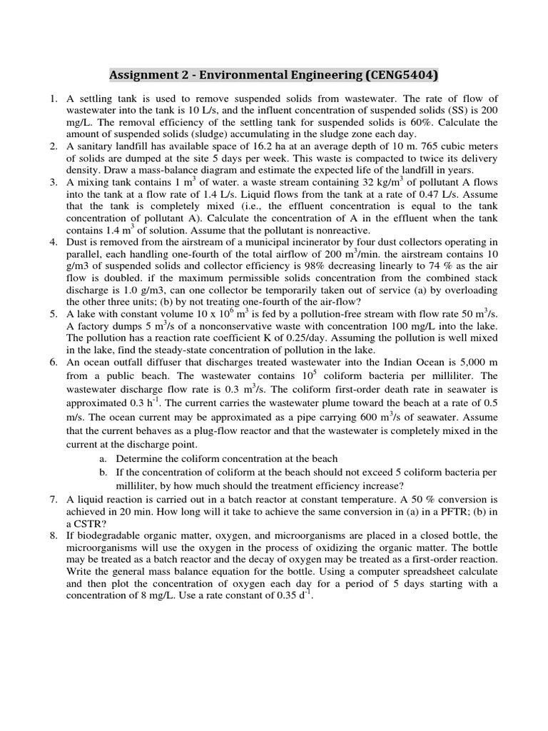 Environmental Engineering Assignment CENG5404 | PDF | Chemical Reactor ...