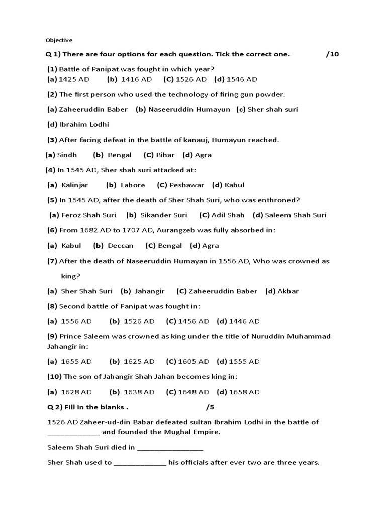 Mughal Empire Quiz Questions and Answers | PDF