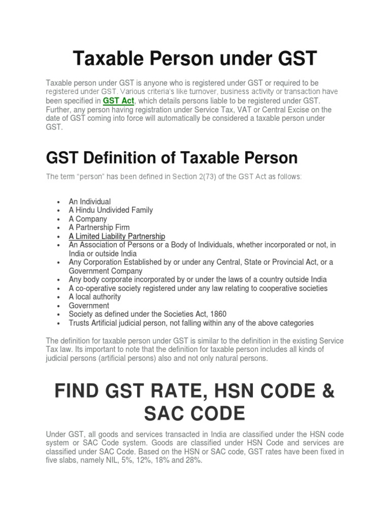 Taxable Person Under GST Find GST Rate, HSN Code & Sac Code PDF