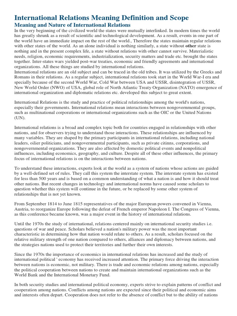 Definition and Scope of International Relations | PDF | Sovereign State ...